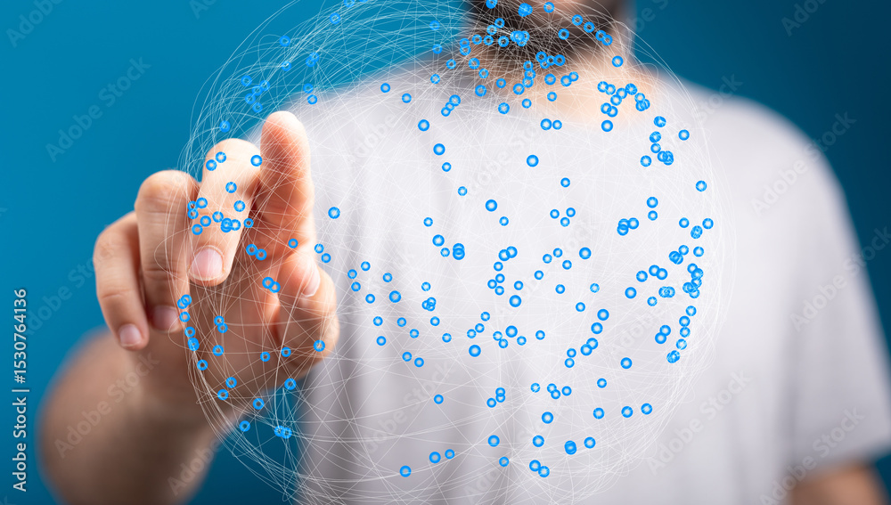 Poster Abstract image of a hand interacting with a digital network.  Perfect for technology, connectivity, and global concepts.