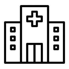 Obraz premium Flat Icon Monochrome Urban Health Concept Modern Hospital Building Icon with Cross - Front View Graphic Design, Black and White Color, Transparent background