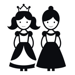 Cute Cartoon Princess Characters - Black and White Royal Queen Glyphs for Girls