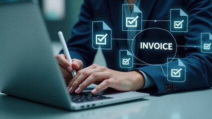 Person working on a laptop with invoice related technology.