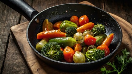 Vegetables filled with black frying pan