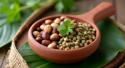 Bowl of Seeds with Green Leaf