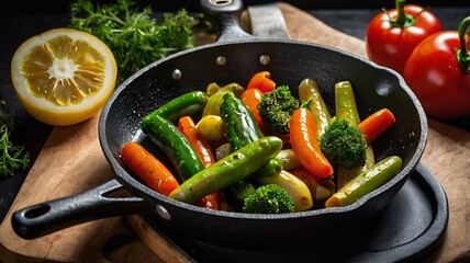 Vegetables filled with black frying pan