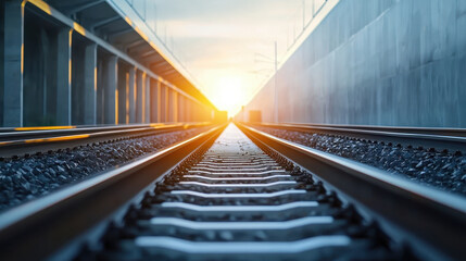 Serene view of railway tracks leading towards bright sunset, symbolizing journeys and new beginnings
