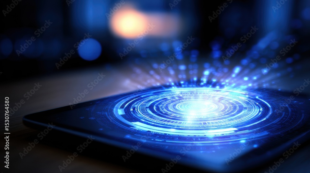 Poster futuristic tablet displaying holographic data visualization in a modern tech environment