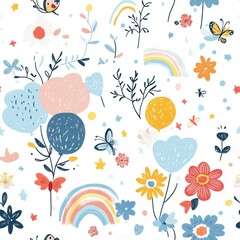 Whimsical flowers holding little balloons, surrounded by rainbows, stars, and butterflies, creating a cute and magical floral design