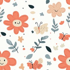 Chubby flowers with big petals and happy expressions, scattered with cute leaves and butterflies in soft pastel colors