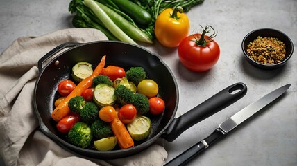 Vegetables filled with black frying pan