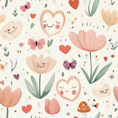 Cute tulips and daisies with faces, surrounded by tiny butterflies, hearts, and mushrooms in a soft pastel floral design
