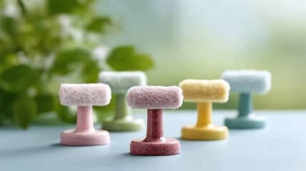 Pastelcolored textured objects suggest wellness, skincare, and gentle application. Soft focus, calming background, ideal for beauty blogs,  gentle health concepts.