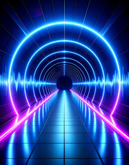 Glowing neon lights in blue and pink create a futuristic tunnel with wave-like patterns, reflecting off the glossy tiles and drawing the viewer into a sci-fi dimension.	
