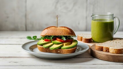 Vegetarian healthy food. Soup and vegan sandwiches. Different sandwiches with avocado.