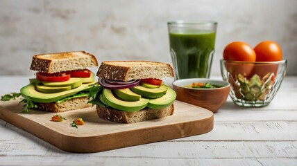Vegetarian healthy food. Soup and vegan sandwiches. Different sandwiches with avocado.