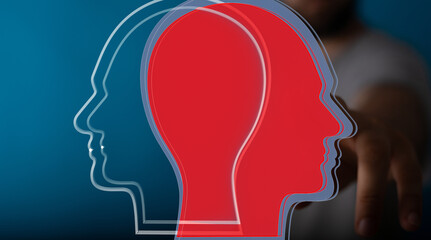Abstract image depicting two contrasting mindsets, symbolized by red and blue head profiles.