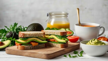 Vegetarian healthy food. Soup and vegan sandwiches. Different sandwiches with avocado.