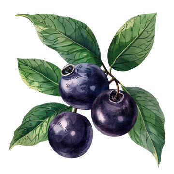 Watercolor Botanical Illustration Of Hackberries On White Background.