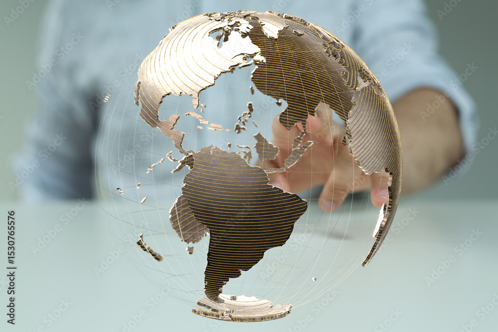 Poster Abstract image of a person interacting with a digital globe, representing global connectivity and networking.