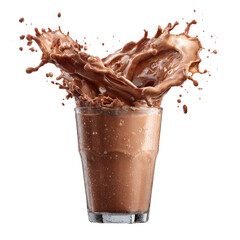 Chocolate milk splash in glass dynamic liquid motion on transparent background