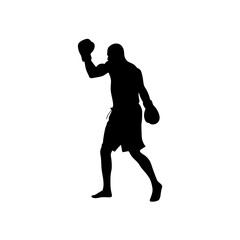 Silhouette of a boxer throwing a punch in black and white on white background , no background