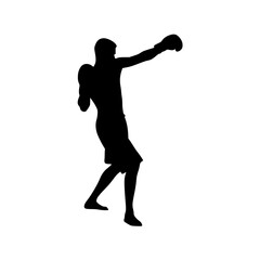 Silhouette of a boxer throwing a punch in a boxing match on white background , no background