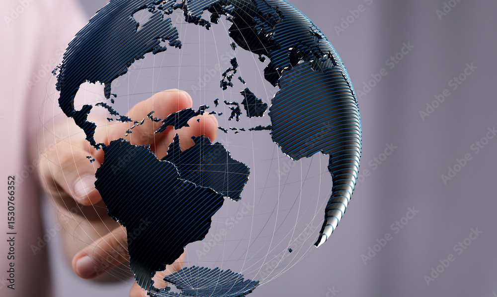 Poster high-quality stock photo of a hand interacting with a 3d digital globe, symbolizing global connectiv