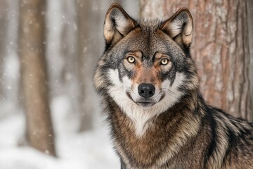 Obraz premium Wild wolf staring in snowy forest during winter with intense golden eyes and thick fur