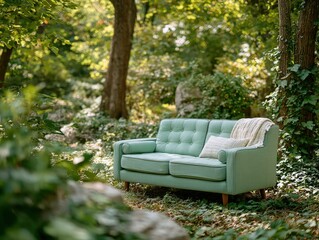 Fototapeta premium Serene Green Sofa in a Lush Forest Setting