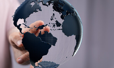 High-quality stock photo of a hand interacting with a 3D digital globe, symbolizing global...
