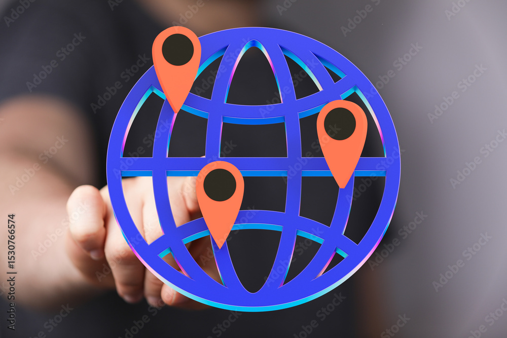 Aufkleber Image of a person interacting with a 3D globe showing multiple location pins, representing global reach and connectivity.
