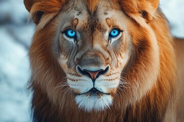 Naklejka premium Majestic lion with piercing blue eyes staring in snowy environment with intense expression