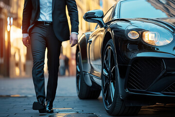 Luxury lifestyle with businessman walking past sleek black sports car on city street at sunset