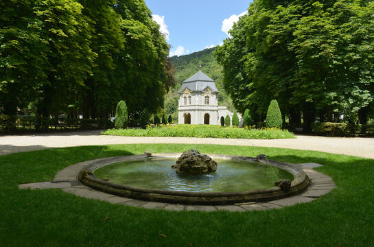 Echternach, Luxembourg, Abbey garden and city park with historical tea house