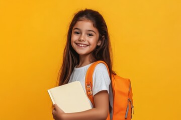 Young girl with a backpack and book smiles for the camera.