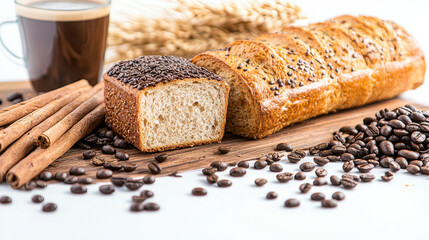 Freshly baked bread with coffee and spices creates warm, inviting atmosphere. rich aroma of roasted coffee beans complements