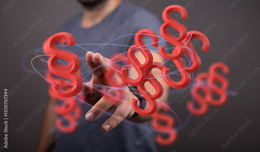 Aufkleber abstract image of a hand interacting with floating 3d paragraph symbols, representing digital law or