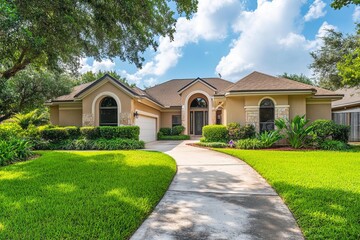 Naklejka premium Beautiful single-story suburban house with manicured lawn and lush landscaping