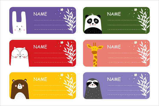 Name tag set. Colored school labels for kids and class names with cute animal. Notebook Labels. children's education. Vector illustration