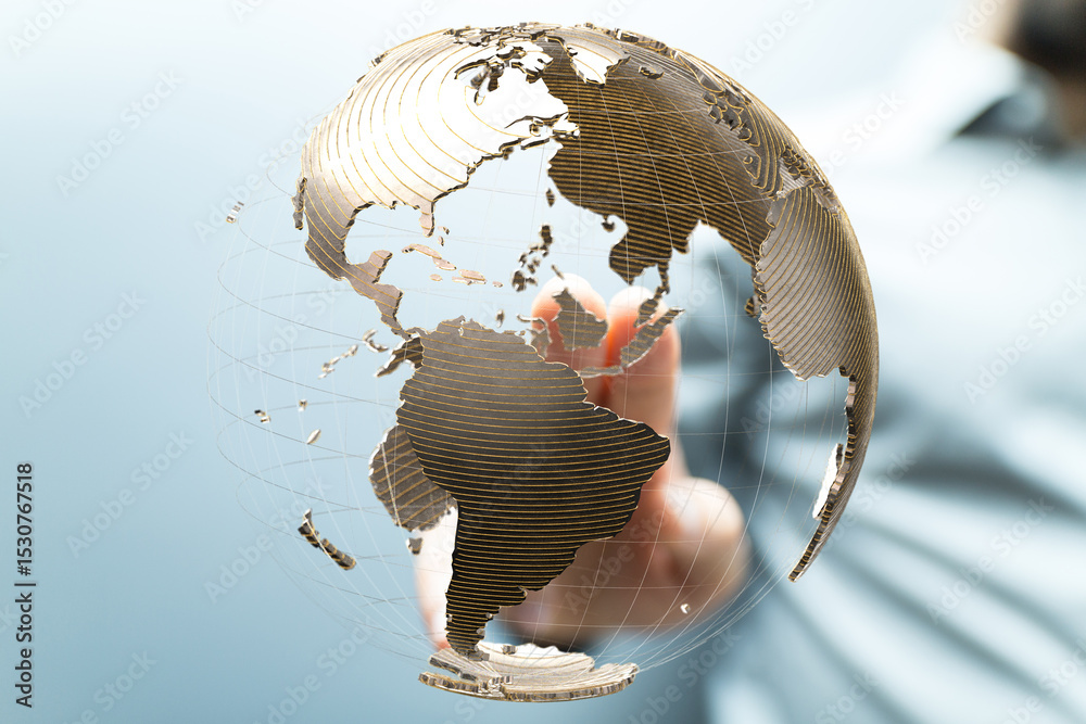 Aufkleber Abstract image of a hand interacting with a 3D world map, representing global connectivity and networking.
