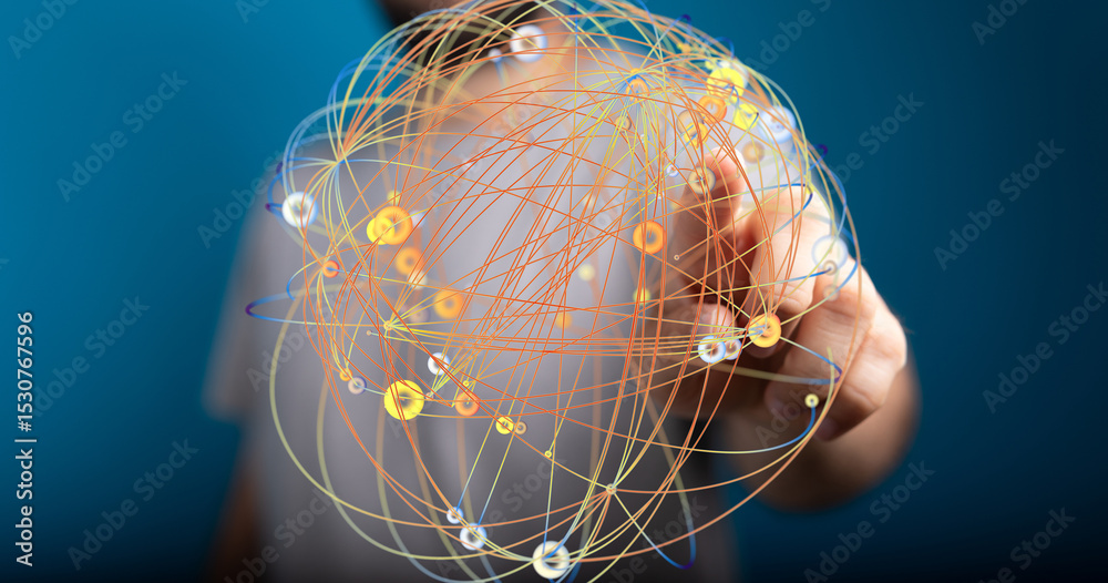 Aufkleber Abstract image of a hand interacting with a complex network. Represents global connectivity, data, technology.