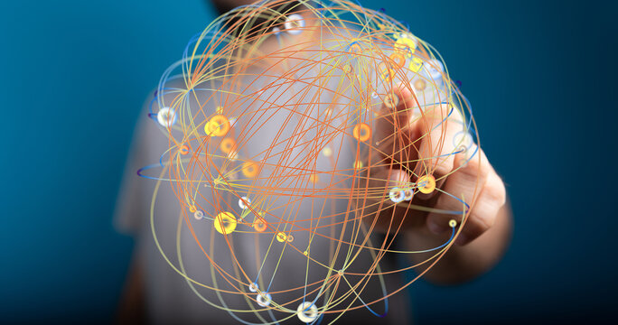 Abstract image of a hand interacting with a complex network. Represents global connectivity, data, technology.