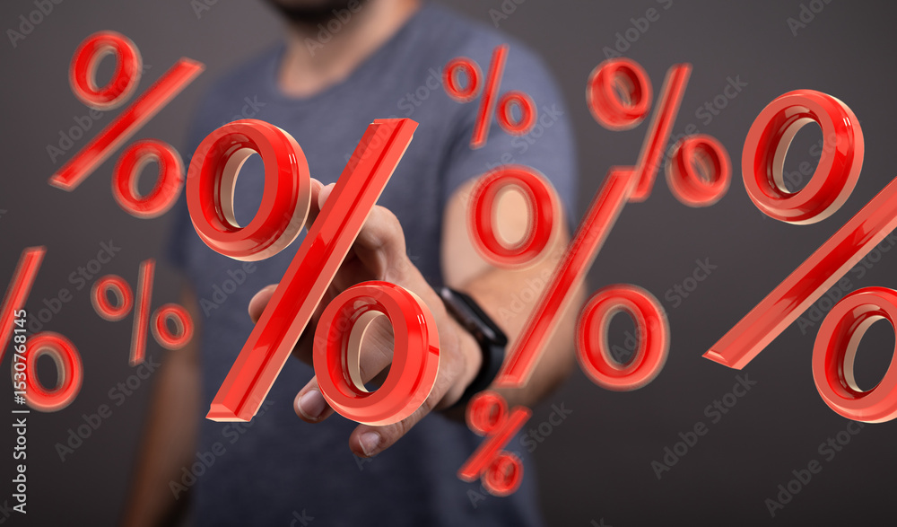 Poster image of a man interacting with floating percentage symbols. ideal for marketing materials related t