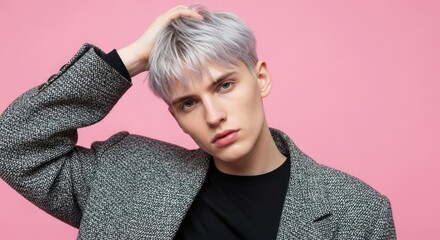 Young Caucasian man with short silver hair, wearing a gray coat, poses against a pink background. He has a serious expression and is touching his hair.