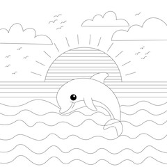 Naklejka premium cute-happy-dolphin-at-sunset-coloring-page-for-kid