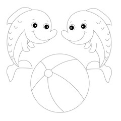 Two cute dolphins and beach ball coloring page