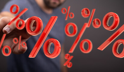 Red percentage symbols floating, man's hand interacting, sales, discount, finance, offer.