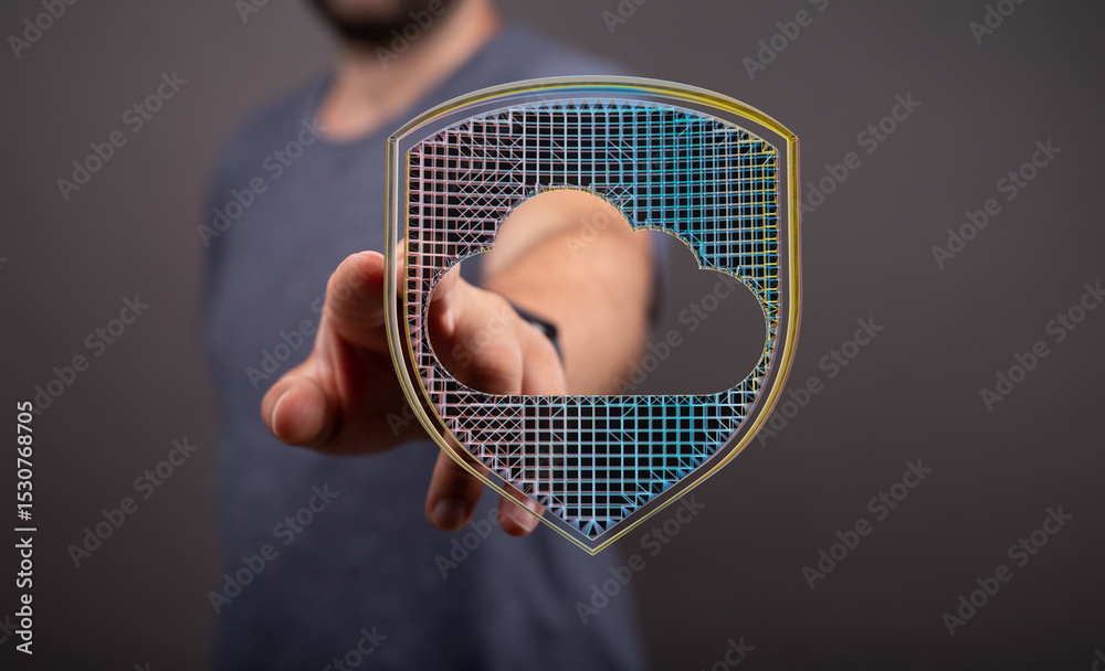 Poster digital shield icon protects cloud data. ensuring secure cloud storage and online safety.