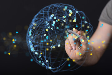 Hand drawing on digital globe, network, connection, technology, global, communication, digital,...