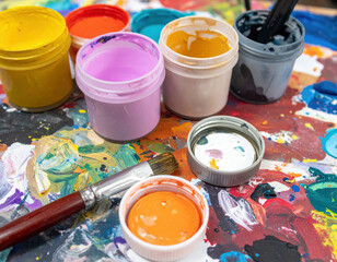 An artist's messy yet vibrant palette holds a variety of colorful paints, brushes, and mixing pots, capturing the creative energy of the painting process.