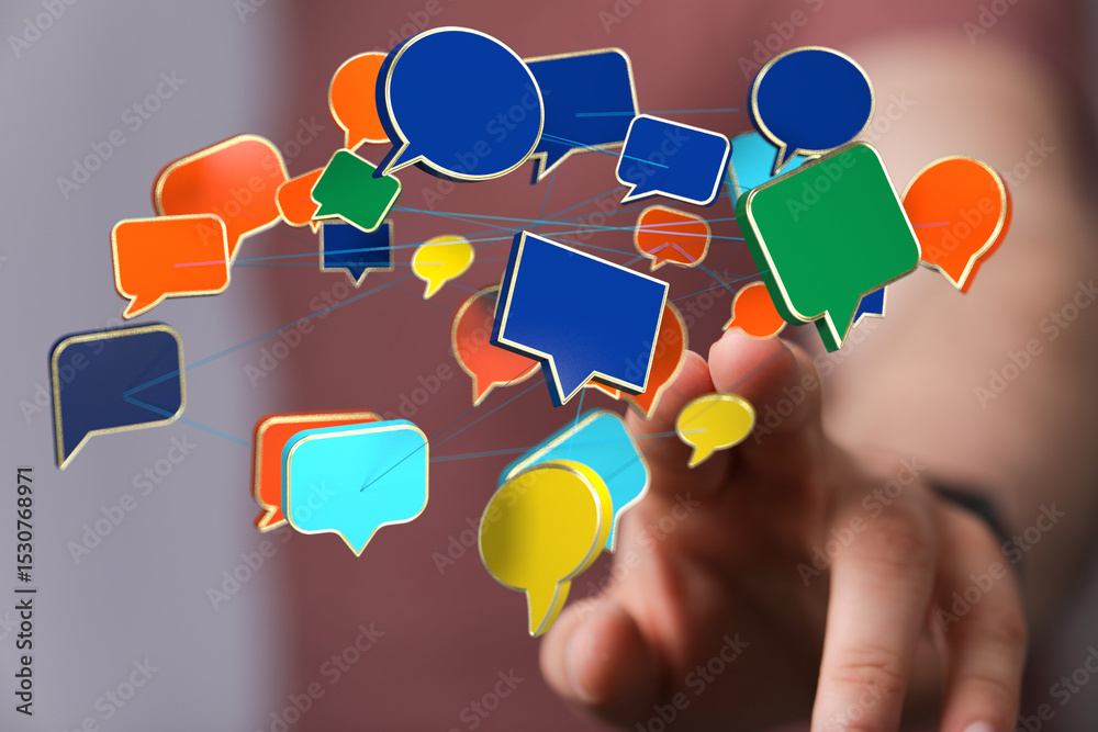 Poster Abstract image of interconnected speech bubbles, representing global communication and networking.