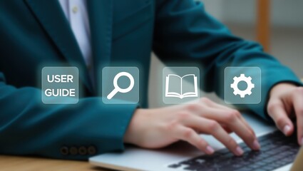 Hands using a laptop with user guide, search, and settings icons displayed.
